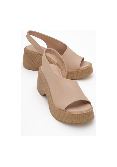 Luvishoes Roy Koyu Bej Cilt Hakiki Deri Kadın Dolgu Topuklu Sandalet Koyu Bej