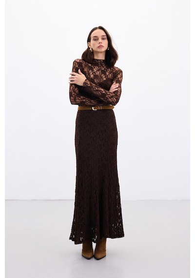 Sateen Dantelli Uzun Etek - Kahve-136890 Kahve