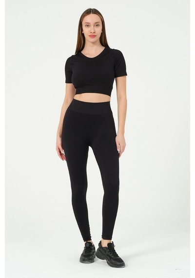 Kadın V Yaka Kısa Kollu Dikişsiz Esnek T-shirt Crop Top Siyah-l Altın - Beyaz