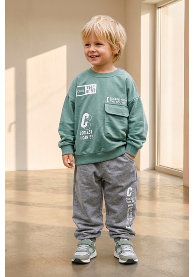 Babymod Erkek Çocuk Cool The Best Baskılı Yeşil Sweatshirt Ve Gri Eşofman Altı Takım