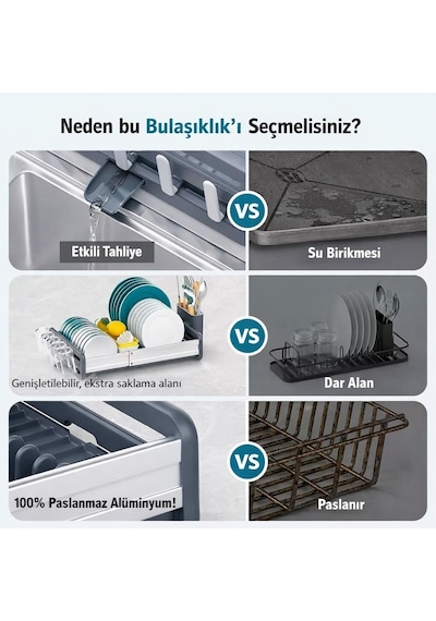 Mallart Ayarlanabilir Alüminyum Bulaşıklık - Paslanmaz Tezgah Üstü Kurutmalık, Uzatılabilir Fonksiyonel Mutfak