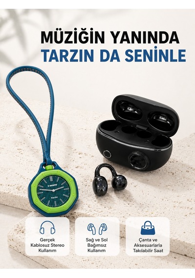 Kablosuz Kulaklık Ve Yeşil Askılı Çanta Charm Saat Kampanya Seti Şarj Kutulu Bluetooth Kulaklık