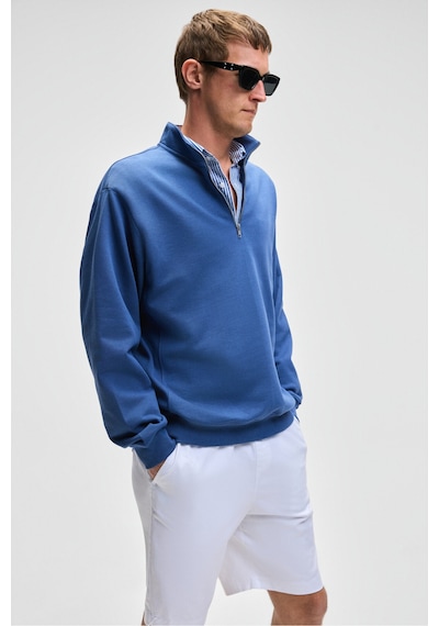 Grımelange NESTOR Erkek Relaxed Fit Dik Yakalı Yarım Fermuarlı Uzun Kollu Mavi Sweatshirt