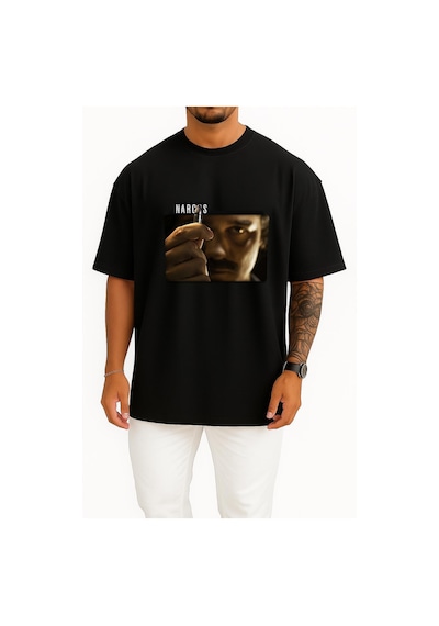 Bahriyeli Collection Oversize Narcos 1 Göğüs Baskılı Unisex T-shirt Siyah
