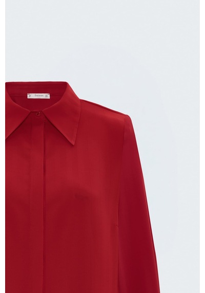 Sateen Çizgi Desenli Gömlek - Kırmızı-137922