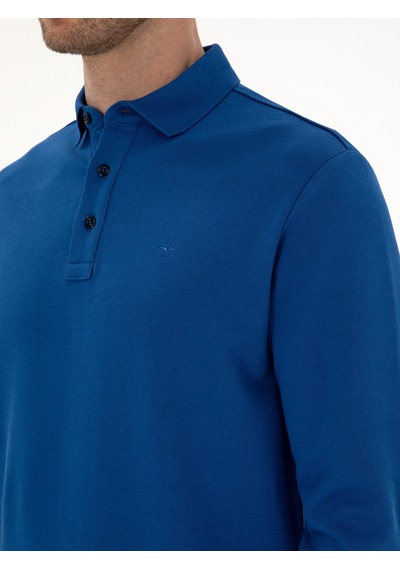 İndigo Regular Fit %100 Pamuk 3 İplik Polo Yaka Sweatshirt Mavi