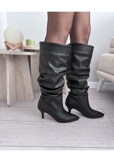 Asmi Shoes Kadın Tima Siyah Cilt 6 Cm Topuklu Körüklü Sivri Burun Çivi Topuk Çizme