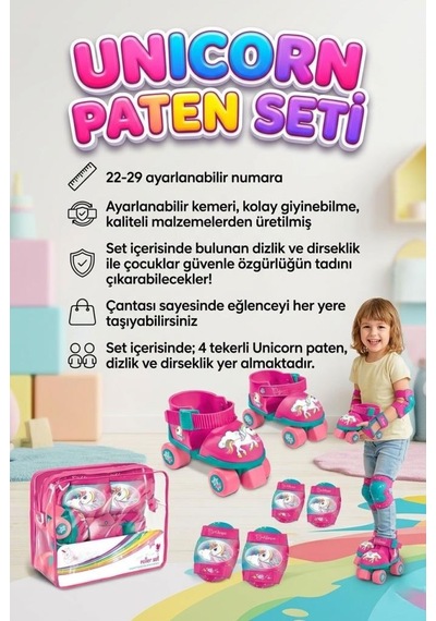 Unicorn Ayarlanabilir Çocuk Paten Ve Koruyucu Seti Seti 22-29 Numara Dengeli Başlangıç Pateni