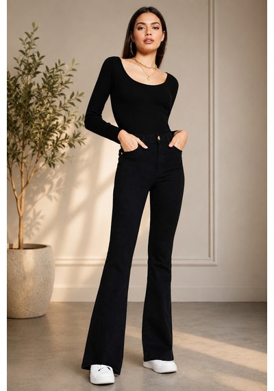 Woddi Kadın Siyah Jeans Solmayan Yüksel Bel Likralı Toparlayıcı İspanyol Kot Pantolon