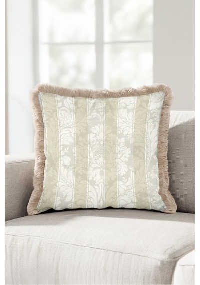 Vintage Damask Motifli Saçaklı Yastık Kılıfı - Avangart Çiçekli Krem Vizon Püsküllü Kırlent Kılıfı Siyah