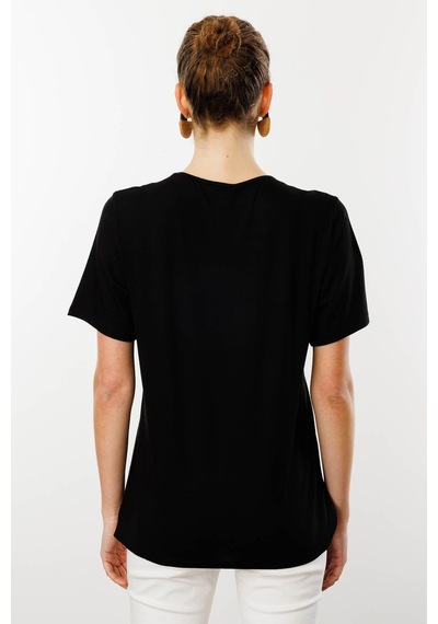 Desen Kadın Sıfır Yaka Taş Baskılı Penye T-shirt Siyah
