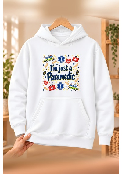 Paramedik Paramedic Meslek Yazısı Baskılı Erkek Kapüşonlu Sweatshirt - Beyaz