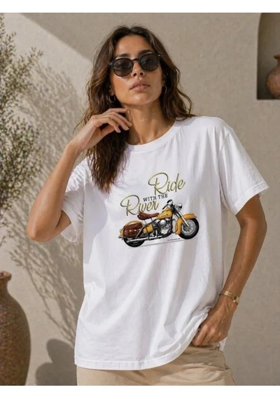 Defymoda Motosiklet Baskılı Tişört Bisiklet Yaka Kısa Kol Yazlık T-shirt - Beyaz