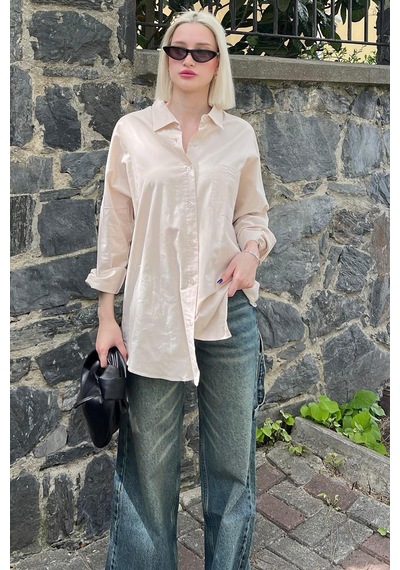 Madmext Bej Oversize Basic Cepli Poplin Gömlek Mg1530 Bej