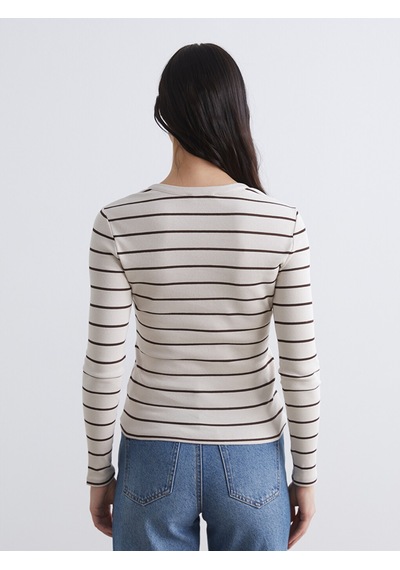 Lcw Everyday Bej Bisiklet Yaka Çizgili Kadın Body