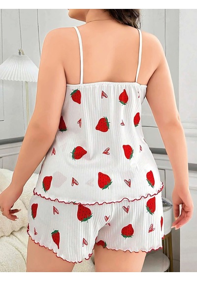 Senoramoda Büyük Beden Çilek Desen Pamuklu Şortlu Pijama Takımı Beyaz