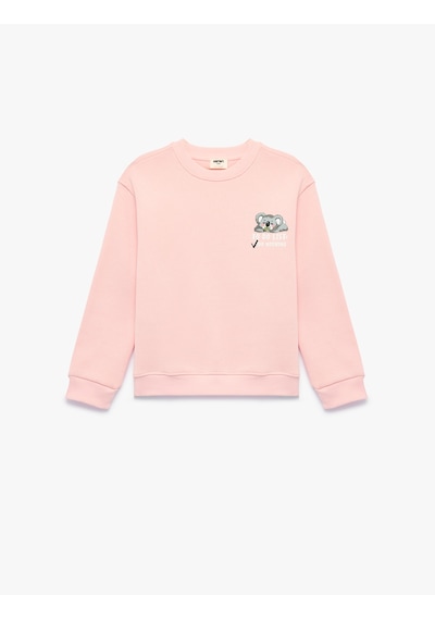 Koton Üç İplik Şardonlu Bisiklet Yaka Uzun Kollu Koala Baskılı Sweatshirt Pembe 7wkg10254ak Gül