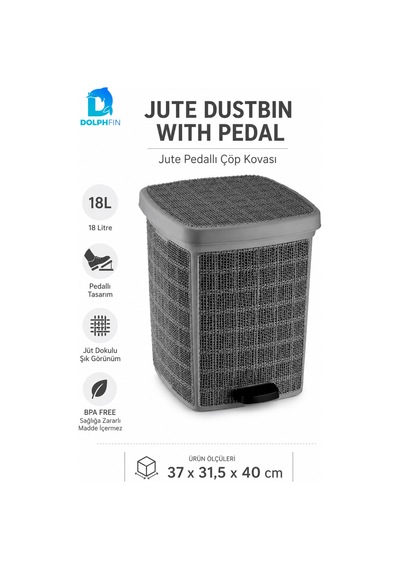 Jute Pedallı Çöp Kovası Kapaklı Büyük Boy Plastik Banyo Mutfak Ofis Atık Kovası 37x31,5x40 Cm Siyah