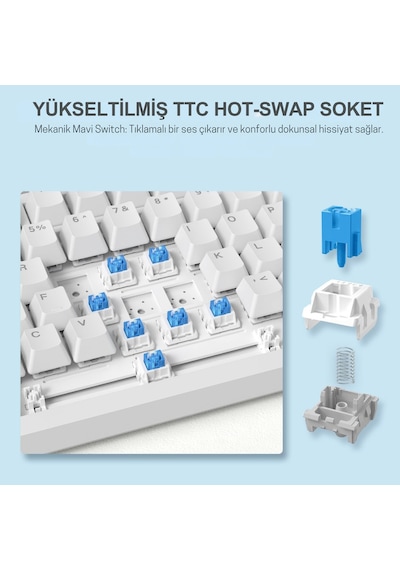 Ak820 Kablolu Mekanik Oyun Klavyesi , Mavi Işıklı, Beyaz, 82 Tuş, Hot Swap, Anti Ghosting