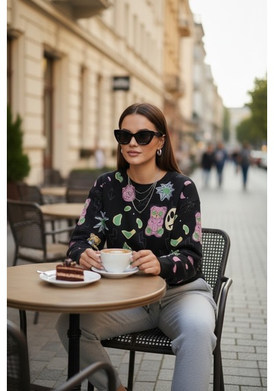 The Kadın Eğlenceli Baskılı %100 Pamuk 3 İplik Şardonsuz Sweatshirt - Bisiklet Yaka Basic Üst Siyah