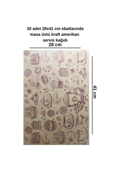 30 Adet 28x41 Cm Ebatlarında Masa Üstü Kraft Amerikan Servis Kağıdı Pasta Desen