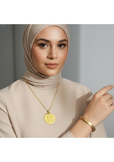 Çoklu Dua Kolye Ve Ayetel Kürsi Bileklik Seti Gold Çelik Şık Takı Seti Altın
