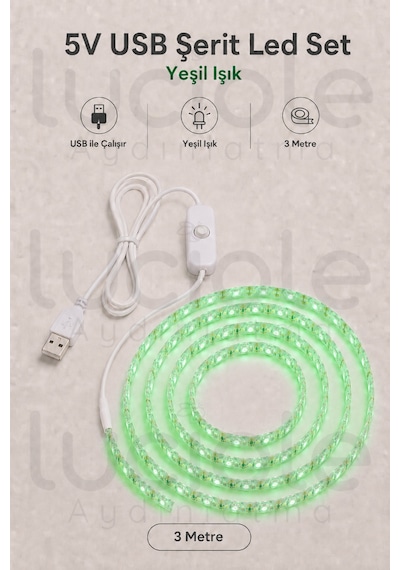 3 Metre 5v Usb Yeşil Şerit Led Aç Kapa Anahtarlı Gaming Tv Masa Raf Powerbank Dekoratif Işık
