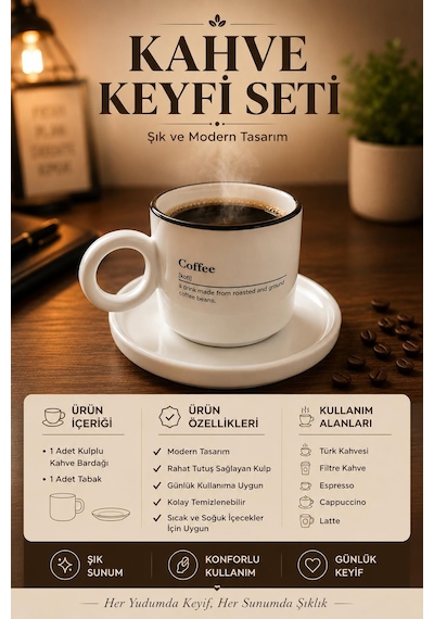 Kulplu Kahve Bardağı Ve Tabak Seti Modern Tasarım Kahve Kupası Türk Kahvesi Espresso Latte Sunum Set Beyaz