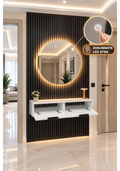 Misterium Viora Dresuar + Dokunmatik Yuvarlak Led Ayna + Antrasit Siyah Duvar Paneli Takımı Modern Antre, Salon Ve Makyaj Mobilyası Misterium Viora Dresuar + Dokunmatik Yuvarlak Led Ayna + Antrasit Siyah Duvar Paneli Takımı Modern Antre, Salon Ve Makyaj Mobilyası