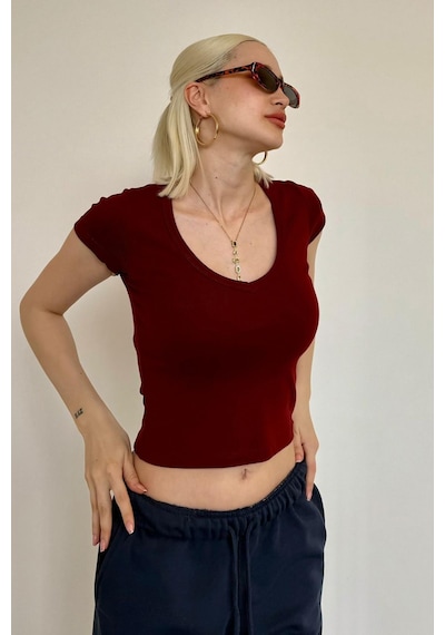 Bordo V Yaka Basic Kadın Tişört Mg2450