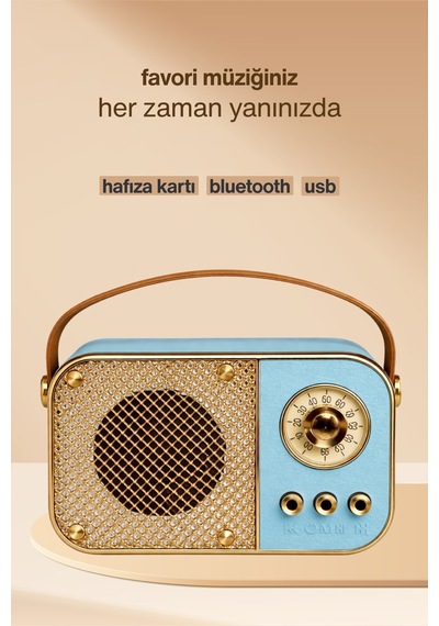 Nostaljik Bluetooth Hoparlör Bluetooth 5.2 Usb & Tf Kart Destekli Led Taşınabilir Speaker Mavi