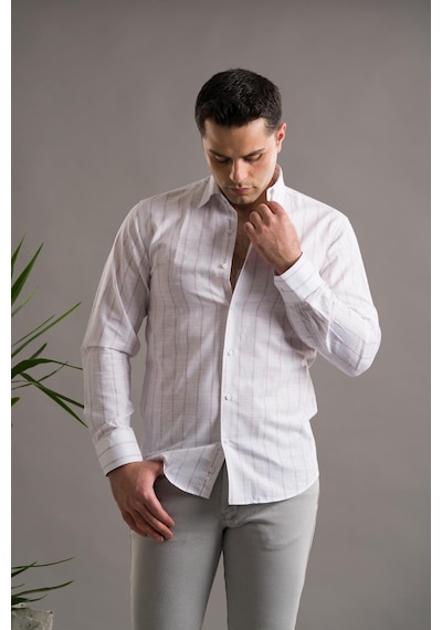 Evrytime Slimfit Pamuklu Çizgili Yaka Düğmeli Uzun Kol Erkek Yazlık Gömlek 001