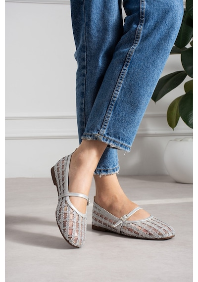 Dabab Shoes Rıvena Kadın Gümüş Tül Üzeri Nakış Detaylı Kare Burun Üstten Bantlı Düz Taban Mary Jane Babet