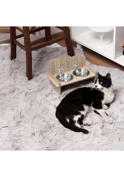 Gobypet Ahşap Ve Metal Çift Hazneli Kedi Ve Köpek Mama Su Kabı İle Paspas Kare
