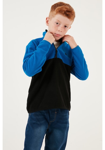 Lela Yumuşak Dokulu Yarım Fermuarlı Renk Bloklu Dik Yaka Unisex Çocuk Polar 5905004 Saks-Siyah
