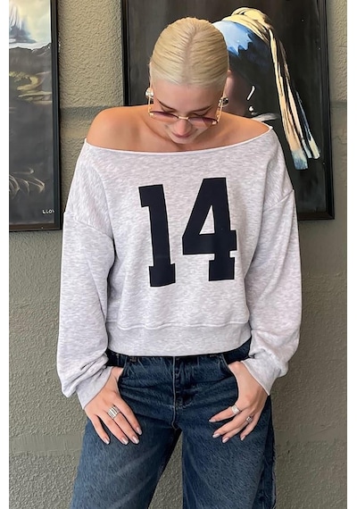 Karmelanj Kayık Yaka Baskılı Kadın Sweatshirt Mg2205