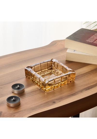 Dekoratif Kare Cam Küllük Kehribar Renk 12 Cm