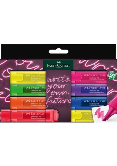 Faber-Castell Fosforlu Kalem Seti, 8’li, Şeffaf Renkler, Su Bazlı Mürekkep, Kesik Uç, 3 Farklı Çizgi Kalınlığı Çok Renkli