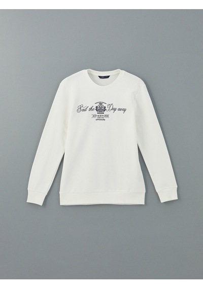 Lcwaıkıkı Classic Beyaz Bisiklet Yaka Baskılı Erkek Kalın Sweatshirt