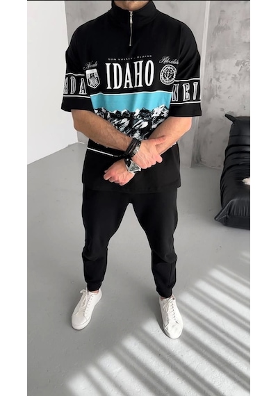 Unisex Baskılı Yarım Fermuarlı T-shirt - Siyah