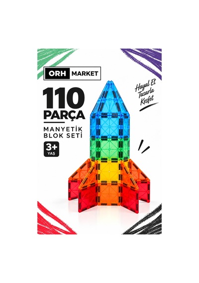 ORH Market 110 Parça 7.5 Cm Büyük Boy Manyetik Blok Seti Güçlü Mıknatıslı Zeka Geliştirici Eğitici Oyuncak