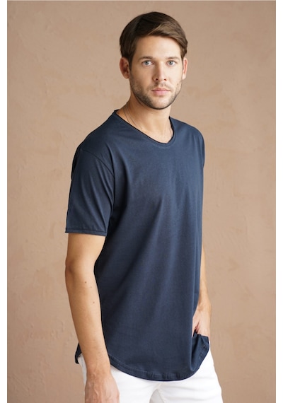 Cool Tarz Lacivert Erkek Oval Kesim Slim Fit Pis Yaka Salaş T-shirt Lacivert Lacivert