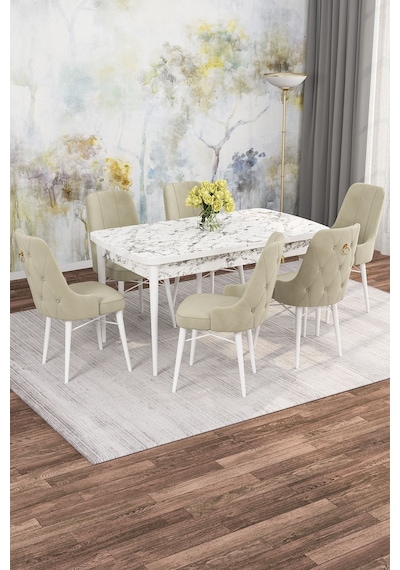 Mona Beyaz Mermer 80x132 Açılabilir Mdf Masa Yemek Odası Takımı, Mutfak Takımı 6 Adet Sandalye Beyaz Mermer - 6 Krem - Beyaz Ayak Mona Beyaz Mermer 80x132 Açılabilir Mdf Masa Yemek Odası Takımı, Mutfak Takımı 6 Adet Sandalye Beyaz Mermer - 6 Krem - Beyaz Ayak