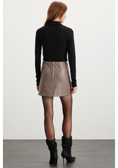 Grimelange Elsıe Kadın Slim Fit Dar Kalıp Deri Görünümlü Fermuarlı Mini Vizon Etek