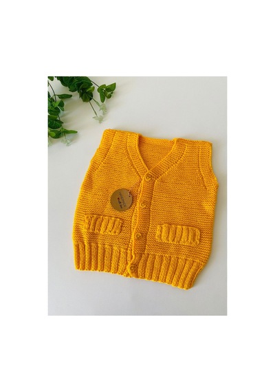Adenya Sepeti El Örgüsü Düz Model Bebek Yeleği Handmade Sarı Renk