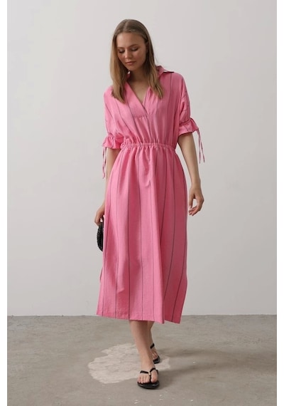 Defymoda Beli Lastikli Elbise - Pembe Pembe