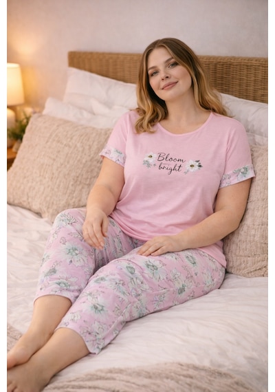 Nisanca Kadın Büyük Beden Kapri Pijama Takımı Yumuşak Dokulu, Konforlu Ev Giyimi Açık Pembe