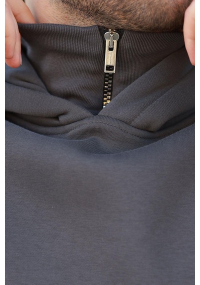Madmext Füme Kapüşonlu Fermuar Yaka Desenli Erkek Sweatshirt E7162 Füme