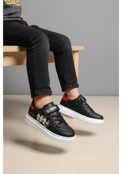 Enoch Karakter Figürlü Cırt Cırtlı Çocuk Sneaker Siyah - Kırmızı