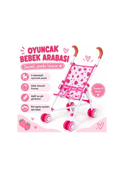 Oyuncak Metal Puset Çilek Desenli Baston Bebek Arabası 71 Cm